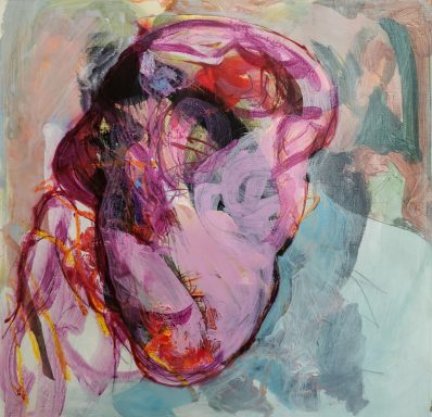 Abstract painting featuring swirling pink and purple forms against a textured background.
