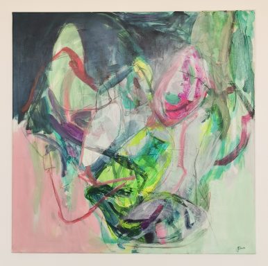 Abstract painting with vibrant colors and dynamic swirling shapes.
