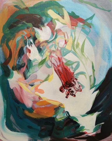 Abstract painting with dynamic brush strokes in vibrant colors, featuring fluid shapes and forms.