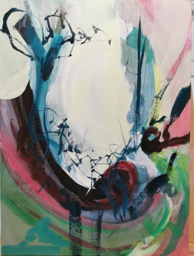 An abstract painting with swirling colors of blue, pink, and black shapes.