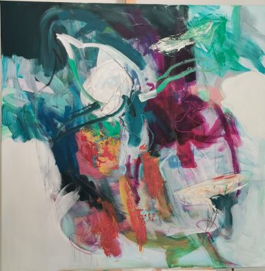 Abstract painting with vibrant colors and swirling forms.